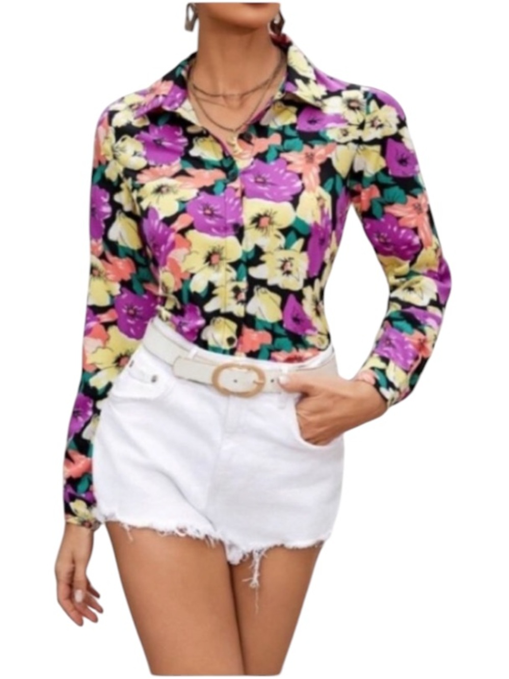SHEIN VCAY Full Floral Printed Long Sleeve Women'S Shirt size  S new wit…